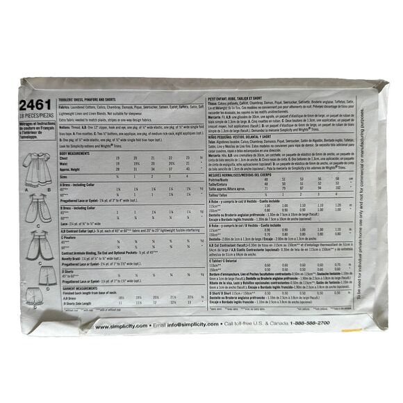 Simplicity 2461 Sewing Pattern Toddler Dress Pinafore & Shorts Sizes 1/2-4 UNCUT - Picture 2 of 2